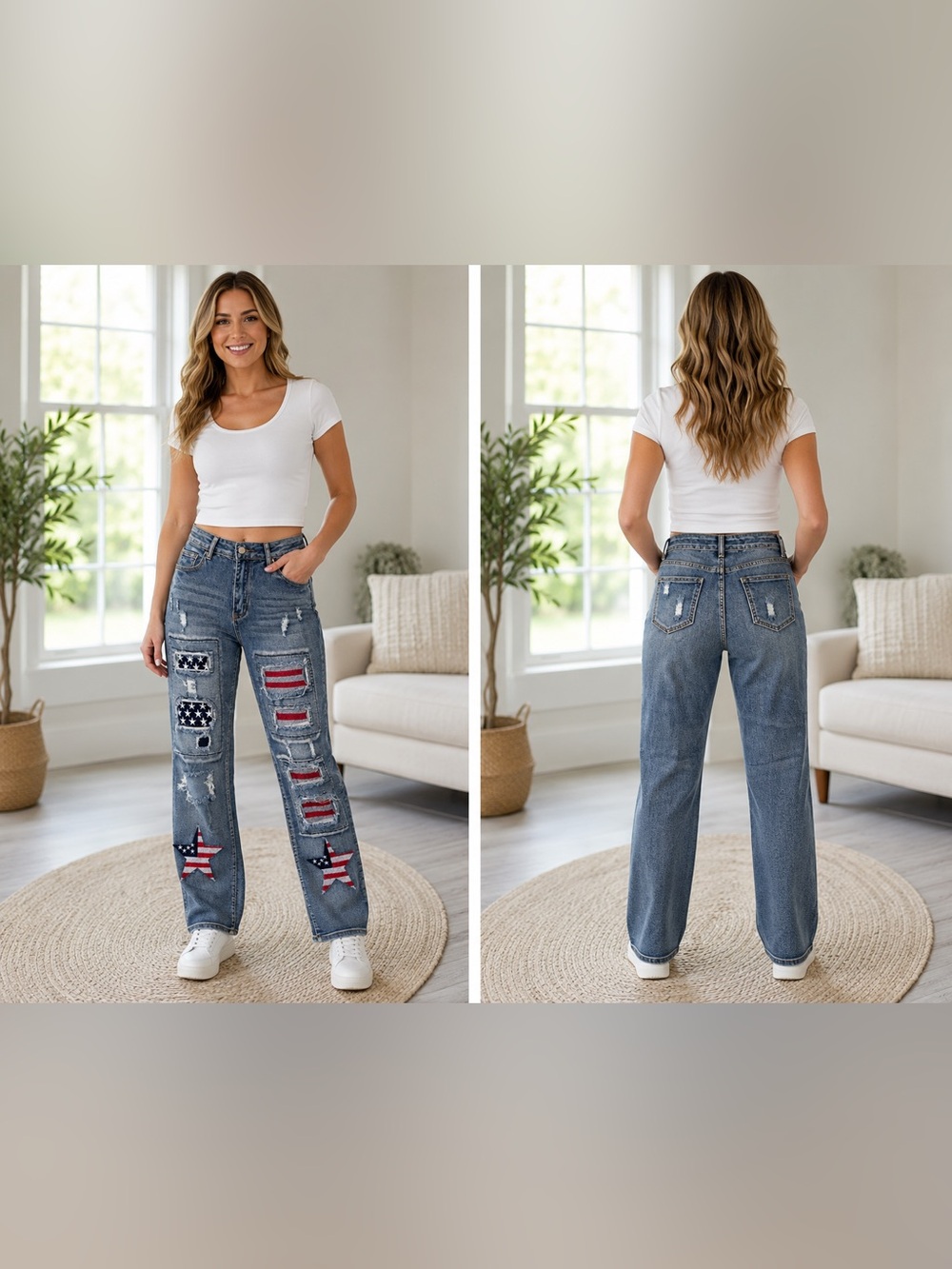 Patriotic American Flag Patch Distressed Straight Leg Jeans Women’s Size OXL